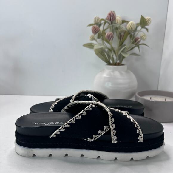 J/Slides Boo Platform Slides Sandals Black Criss Cross Strap Women's 8M - Picture 7 of 9